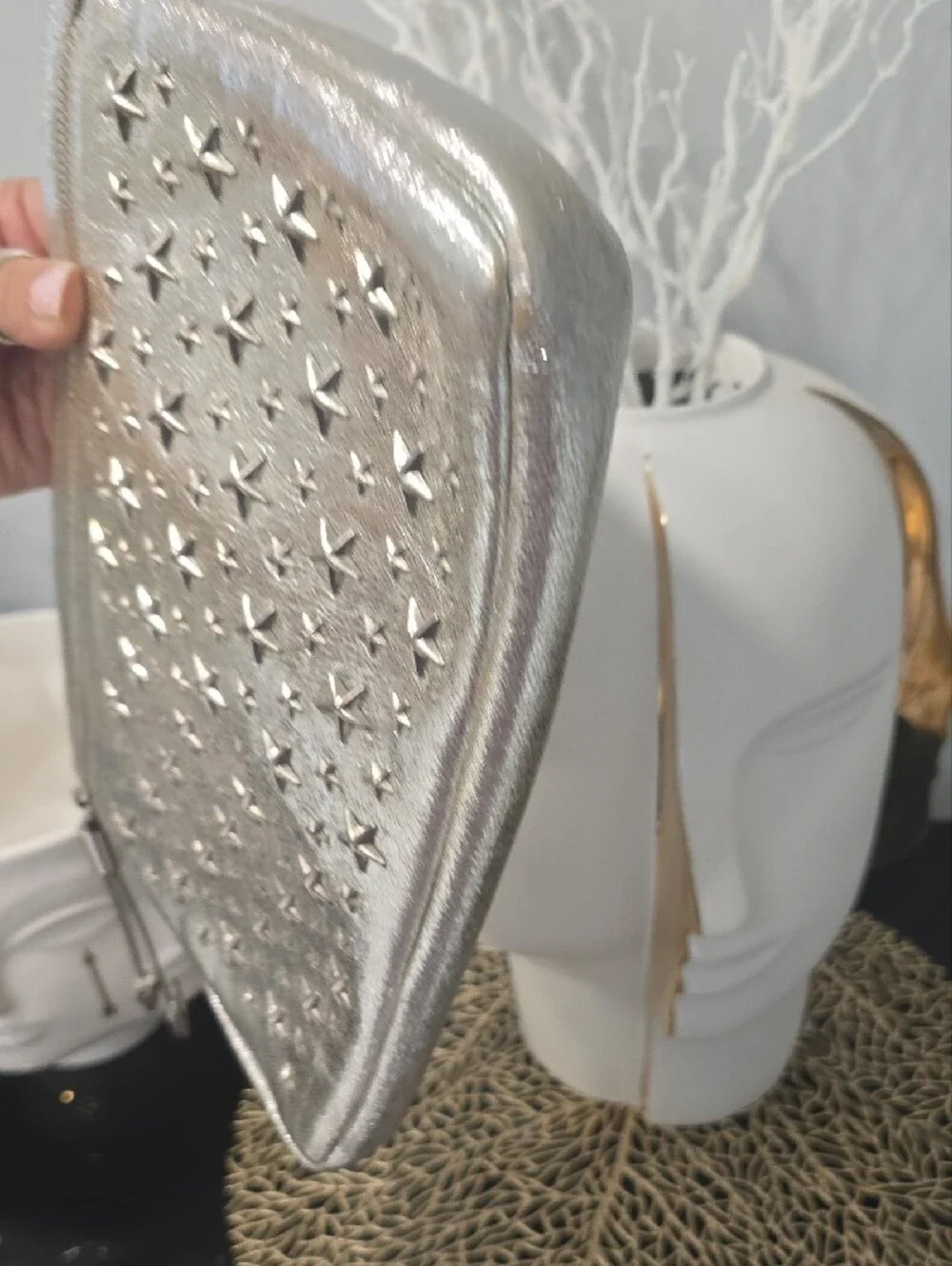 Jimmy Choo Metallic Silver And Gold Star-Studded Wristlet Clutch